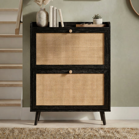 [Black] Wovena shoe cabinet front view with closed rattan flip drawers, tapered legs, and styled top shelf with books, vase, and succulent in hallway setting