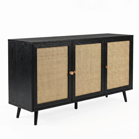 [Black] Wovena 3-door sideboard in a 3/4 angle view on a white background showing the ebonised top panel, three rattan door panels, and splayed black-stained legs