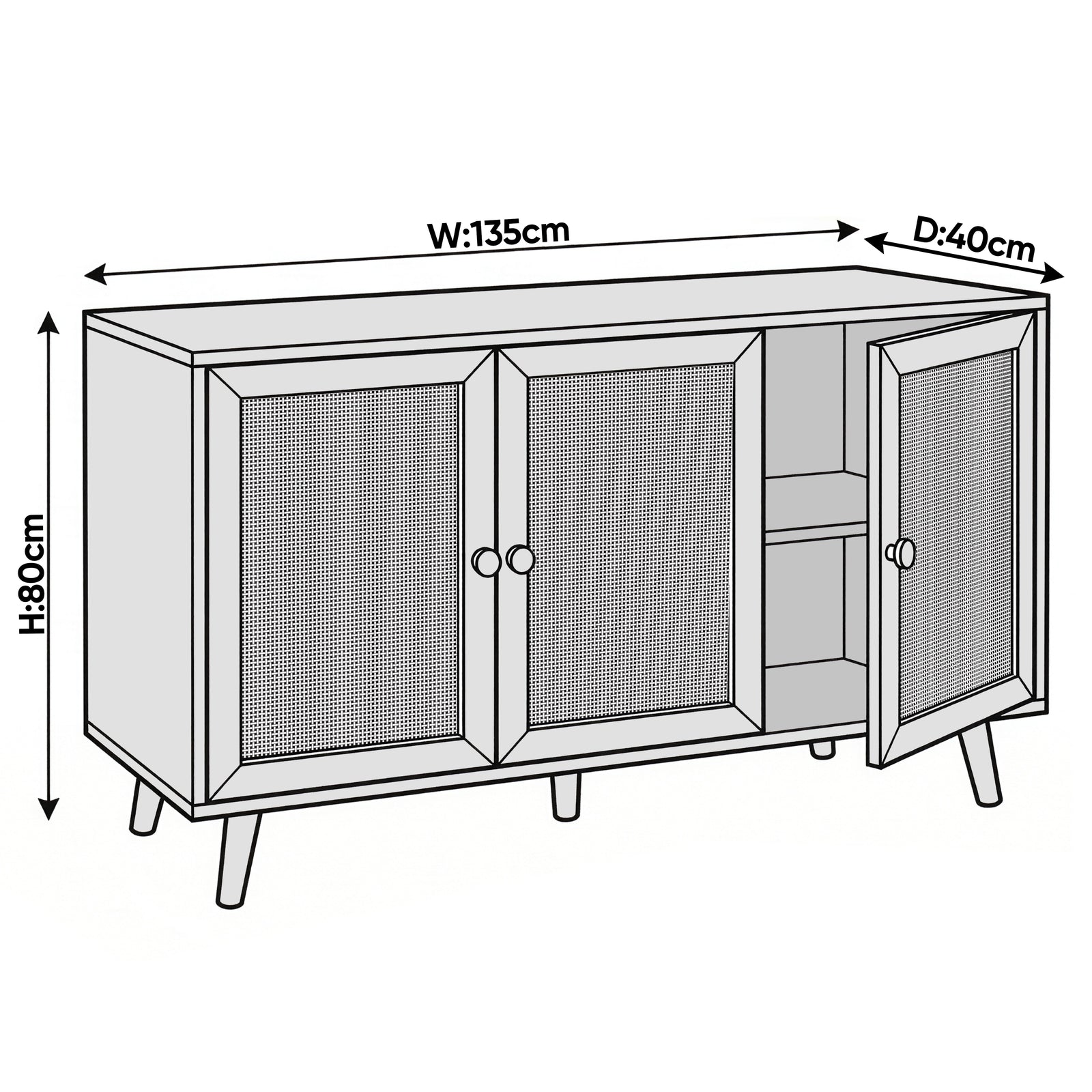 [Black] Wovena 3-door sideboard dimension diagram showing 135cm width, 80cm height, and 40cm depth with three rattan door panels and internal shelving detail