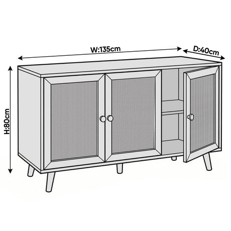 [Black] Wovena 3-door sideboard dimension diagram showing 135cm width, 80cm height, and 40cm depth with three rattan door panels and internal shelving detail