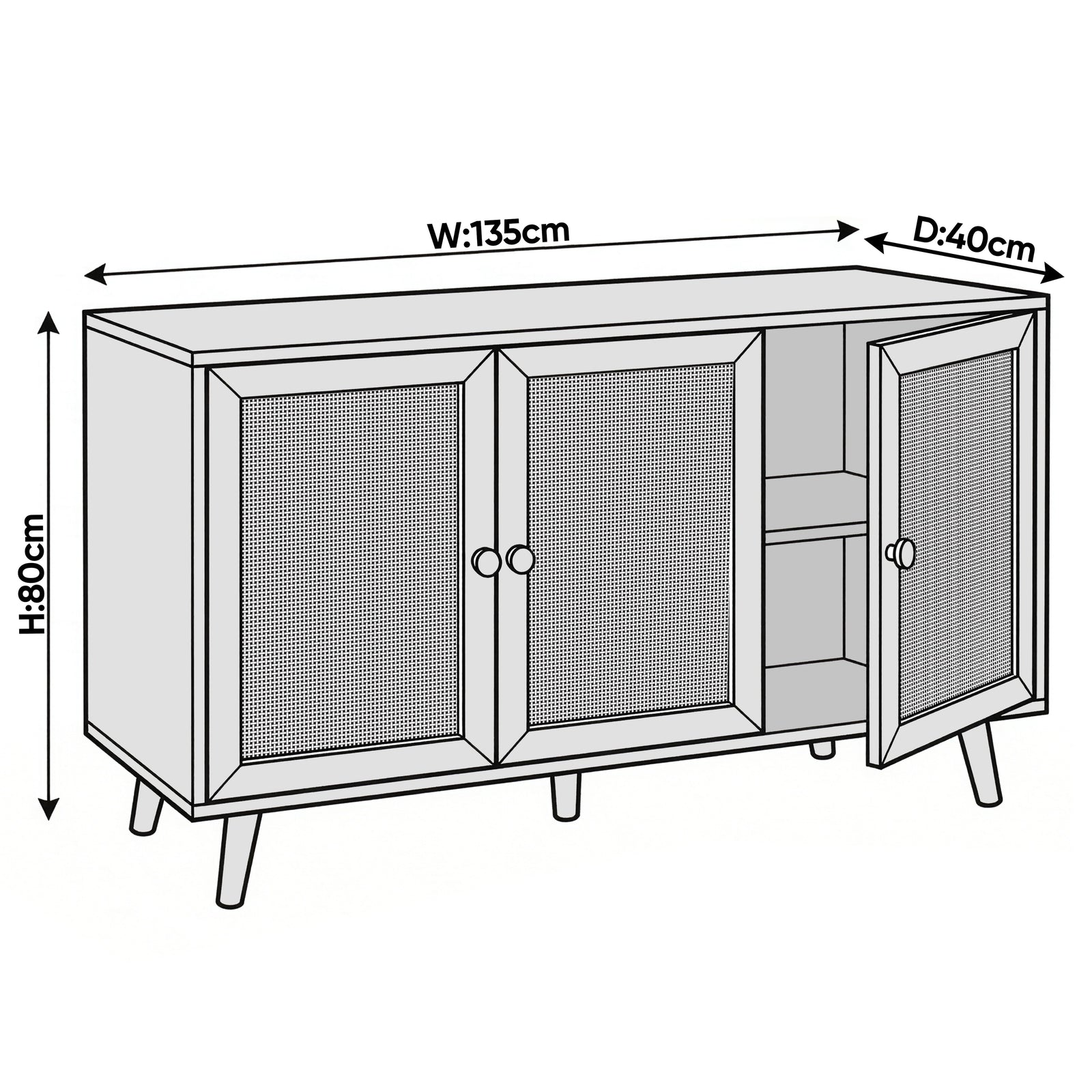 [Black] Wovena 3-door sideboard dimension diagram showing 135cm width, 80cm height, and 40cm depth with three rattan door panels and internal shelving detail