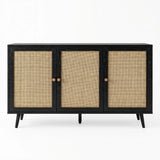 [Black] Wovena 3-door sideboard photographed straight-on against a white background showing the full run of three rattan door panels and two sets of paired oak knobs