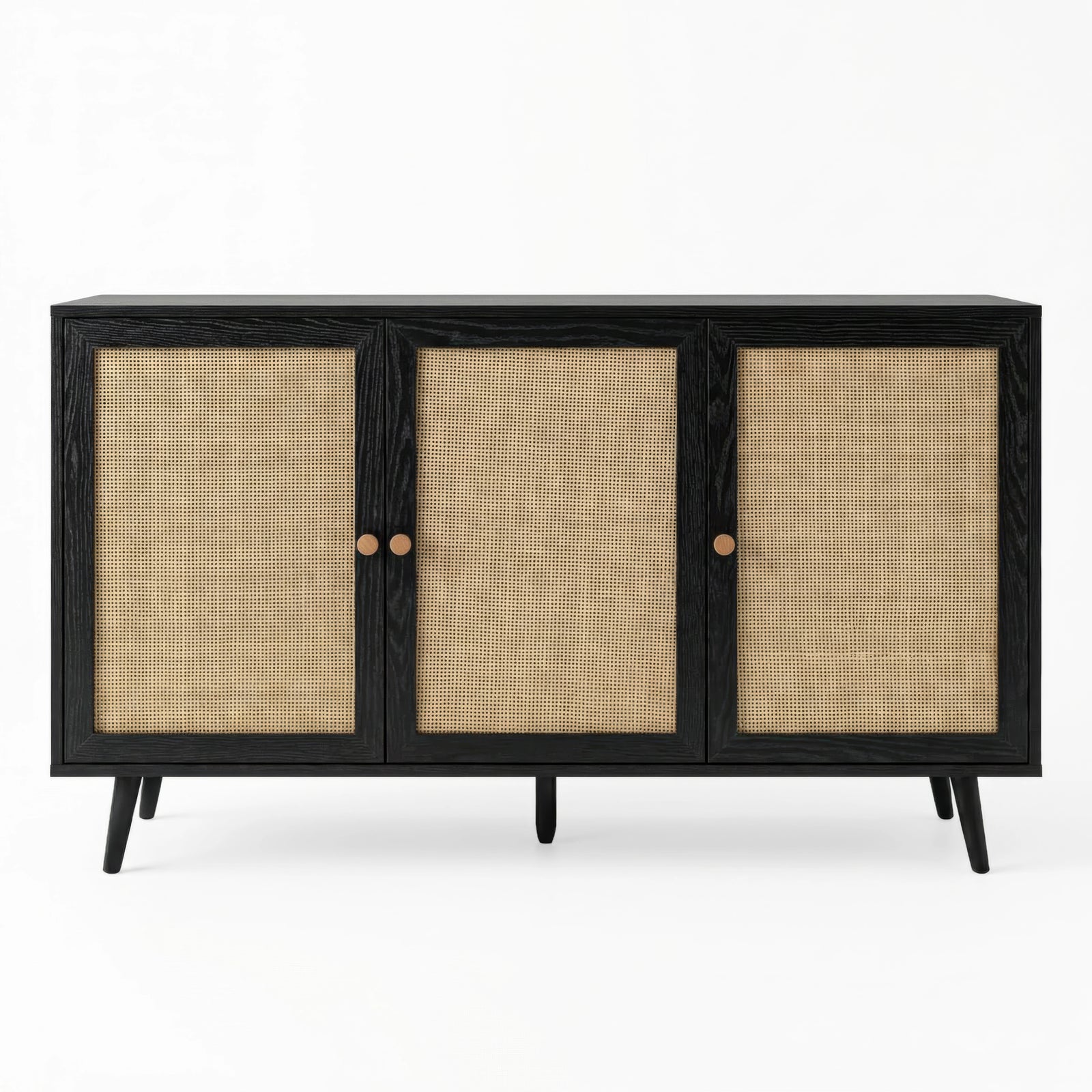 [Black] Wovena 3-door sideboard photographed straight-on against a white background showing the full run of three rattan door panels and two sets of paired oak knobs