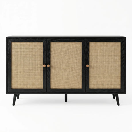 [Black] Wovena 3-door sideboard photographed straight-on against a white background showing the full run of three rattan door panels and two sets of paired oak knobs