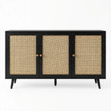 [Black] Wovena 3-door sideboard photographed straight-on against a white background showing the full run of three rattan door panels and two sets of paired oak knobs