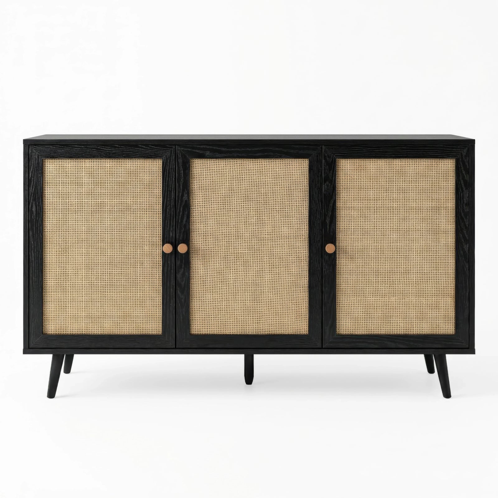 [Black] Wovena 3-door sideboard photographed straight-on against a white background showing the full run of three rattan door panels and two sets of paired oak knobs