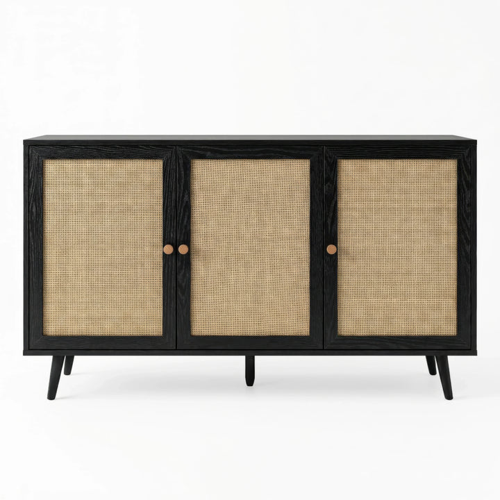 [Black] Wovena 3-door sideboard photographed straight-on against a white background showing the full run of three rattan door panels and two sets of paired oak knobs