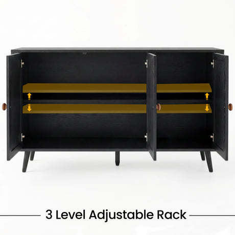 [Black] cabinet with open doors showing a 3-level adjustable rack on a white background