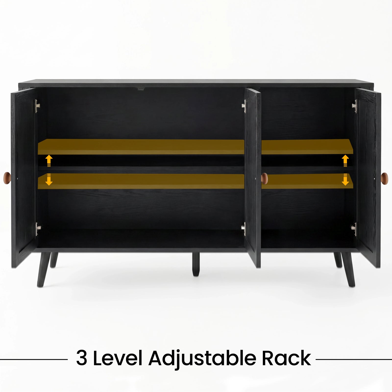 [Black] cabinet with open doors showing a 3-level adjustable rack on a white background
