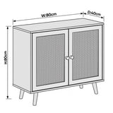 [Black] Wovena sideboard dimension diagram showing 80cm width, 80cm height, and 40cm depth with two rattan door panels and paired oak knobs