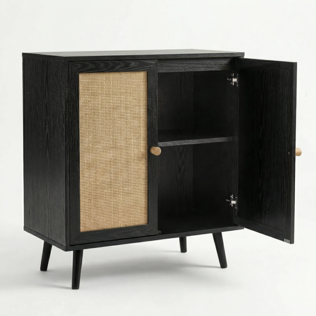 [Black] Wovena sideboard with right door open on a white background revealing a single internal shelf and soft-close hinge hardware in the dark interior