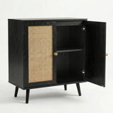[Black] Wovena sideboard with right door open on a white background revealing a single internal shelf and soft-close hinge hardware in the dark interior