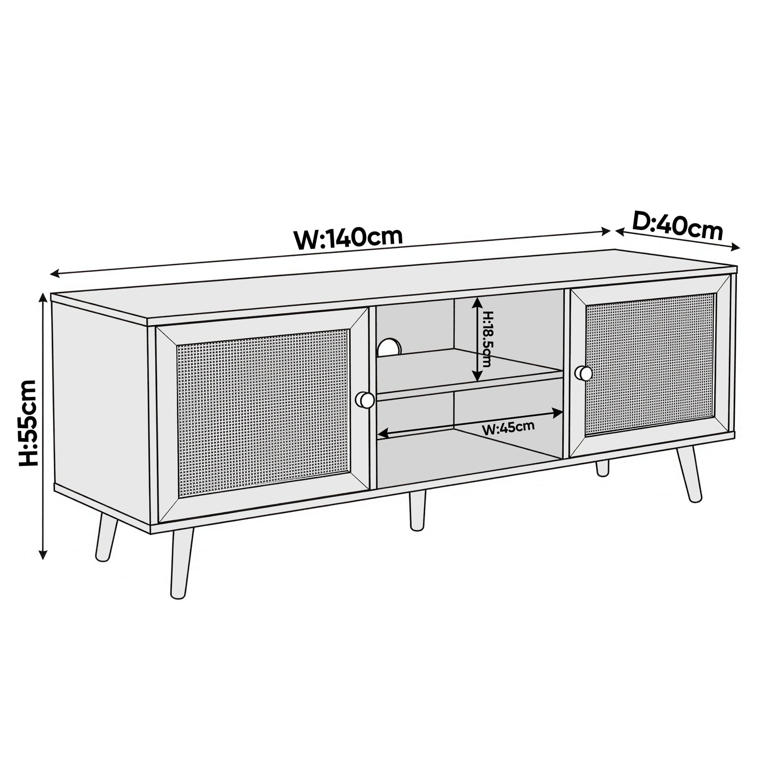 [Black] Wovena black rattan TV unit dimension diagram labelled W140cm, D40cm, H55cm with centre shelf W45cm
