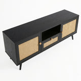 [Black] Wovena black rattan TV unit at a 3/4 angle on white showing ebonised top, two rattan doors and oak knobs