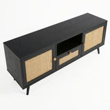 [Black] Wovena black rattan TV unit at a 3/4 angle on white showing ebonised top, two rattan doors and oak knobs