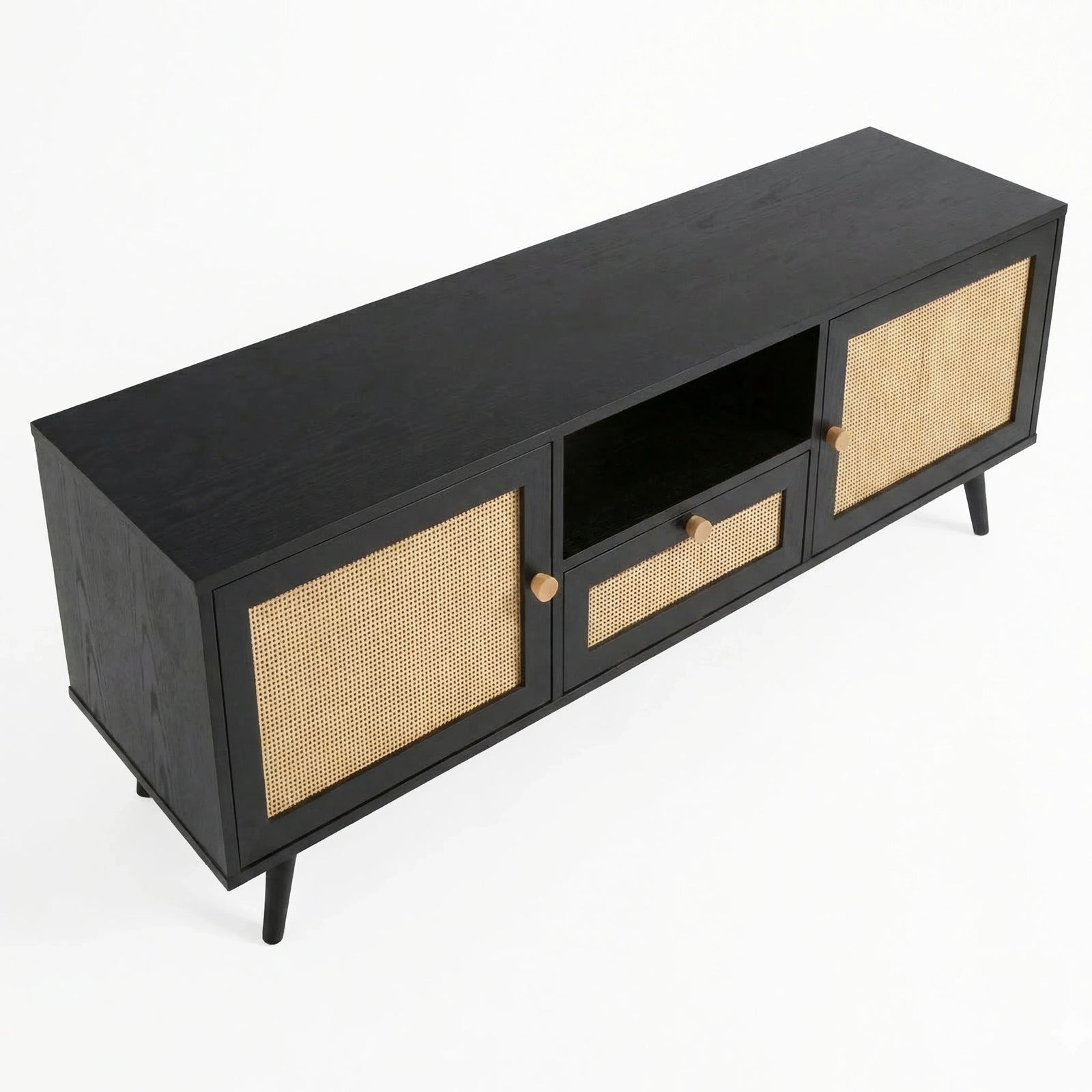 [Black] Wovena black rattan TV unit at a 3/4 angle on white showing ebonised top, two rattan doors and oak knobs