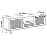 [Black] Wovena black rattan TV unit dimension diagram labelled W160cm, D40cm, H55cm with W52cm centre shelf opening