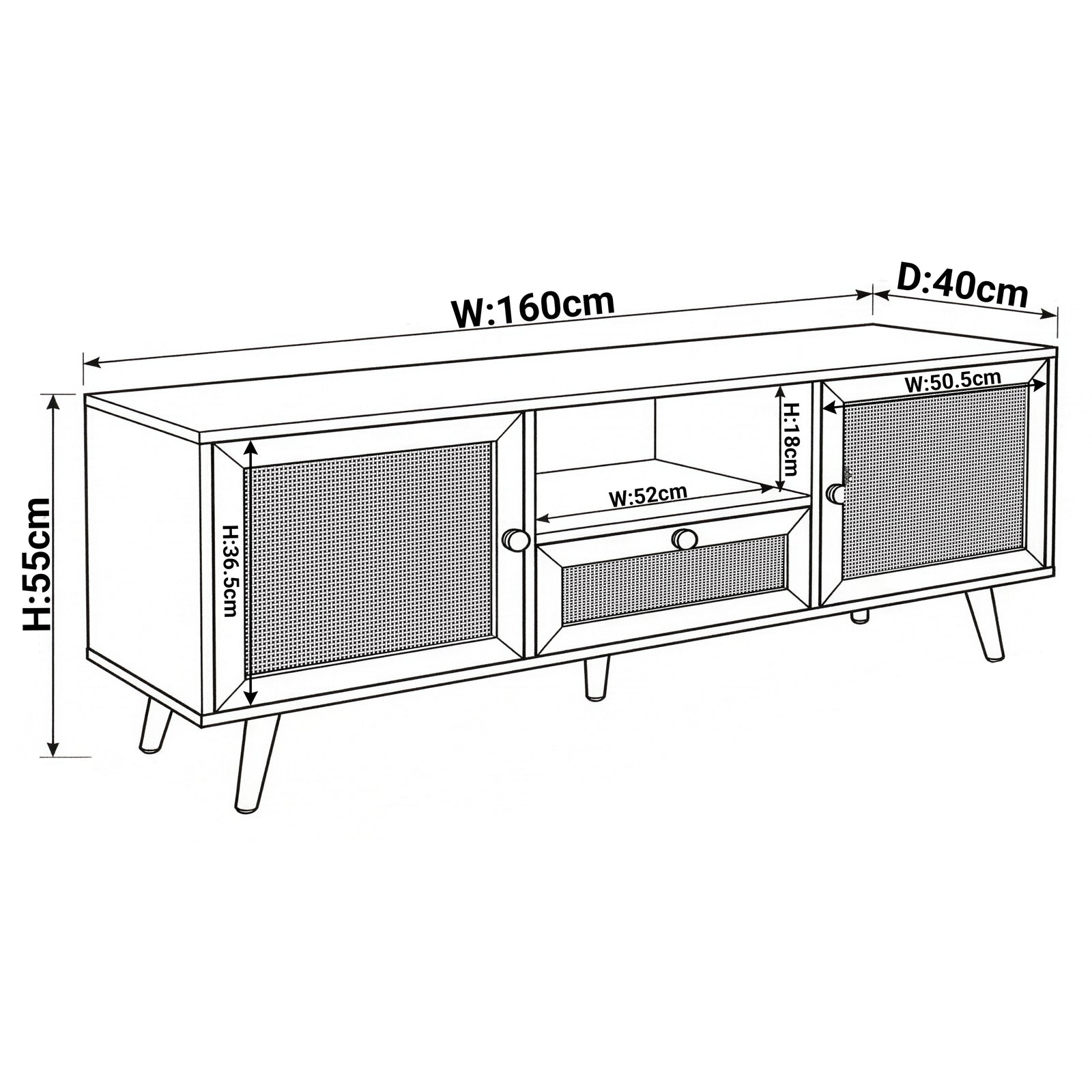 [Black] Wovena black rattan TV unit dimension diagram labelled W160cm, D40cm, H55cm with W52cm centre shelf opening