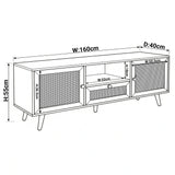 [Black] Wovena black rattan TV unit dimension diagram labelled W160cm, D40cm, H55cm with W52cm centre shelf opening