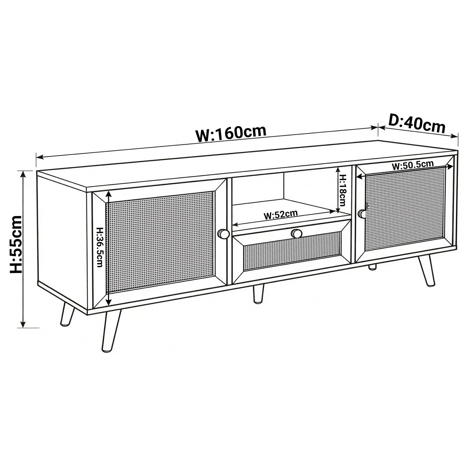 [Black] Wovena black rattan TV unit dimension diagram labelled W160cm, D40cm, H55cm with W52cm centre shelf opening