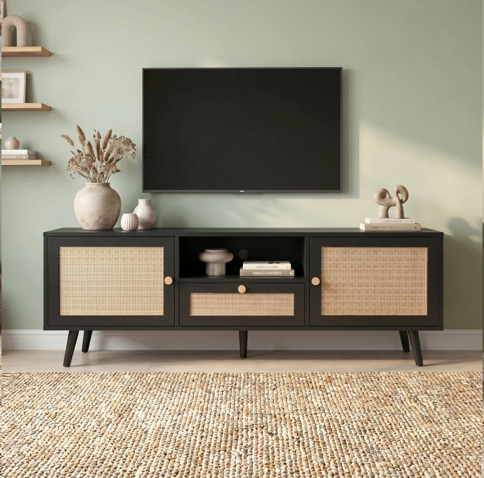 [Black] Wovena Black Rattan TV Unit with 2 Door Storage front view in sage green living room showing symmetrical rattan panels, open shelf and central rattan drawer