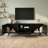 [Black] Wovena Black Rattan TV Unit with 2 Door Storage front view with both doors open revealing interior shelves, books and pulled-out central rattan drawer