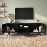 [Black] Wovena Black Rattan TV Unit with 2 Door Storage front view with both doors open revealing interior shelves, books and pulled-out central rattan drawer