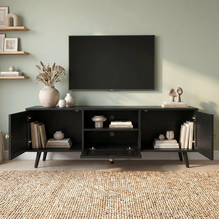 [Black] Wovena Black Rattan TV Unit with 2 Door Storage front view with both doors open revealing interior shelves, books and pulled-out central rattan drawer