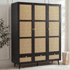 [Black] Three-quarter angle of the black rattan wardrobe with three doors, three base drawers and pine knob handles