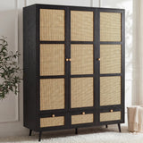 [Black] Three-quarter angle of the black rattan wardrobe with three doors, three base drawers and pine knob handles