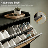 [Black] Wovena shoe cabinet upper flip drawer open showing adjustable two-level shelf divider holding a row of trainers and high-tops with close-up inset detail