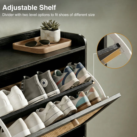 [Black] Wovena shoe cabinet upper flip drawer open showing adjustable two-level shelf divider holding a row of trainers and high-tops with close-up inset detail