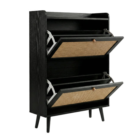 [Black] Wovena shoe cabinet on white background with both flip drawers fully open, showing internal shelf structure, metal hinge arms, and rattan door panels
