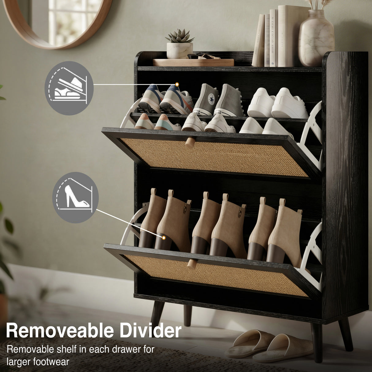 [Black] Wovena shoe cabinet open drawers showing removable shelf divider feature for storing both flat sneakers and taller ankle boots in each compartment