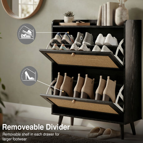 [Black] Wovena shoe cabinet open drawers showing removable shelf divider feature for storing both flat sneakers and taller ankle boots in each compartment