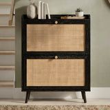 [Black] Wovena shoe cabinet front view with closed rattan flip drawers, tapered legs, and styled top shelf with books, vase, and succulent in hallway setting