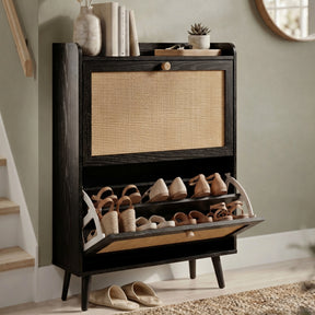 [Black] Wvena shoe cabinet with two pull-down drawers and a dark wood finish, perfect for compact UK hallways.