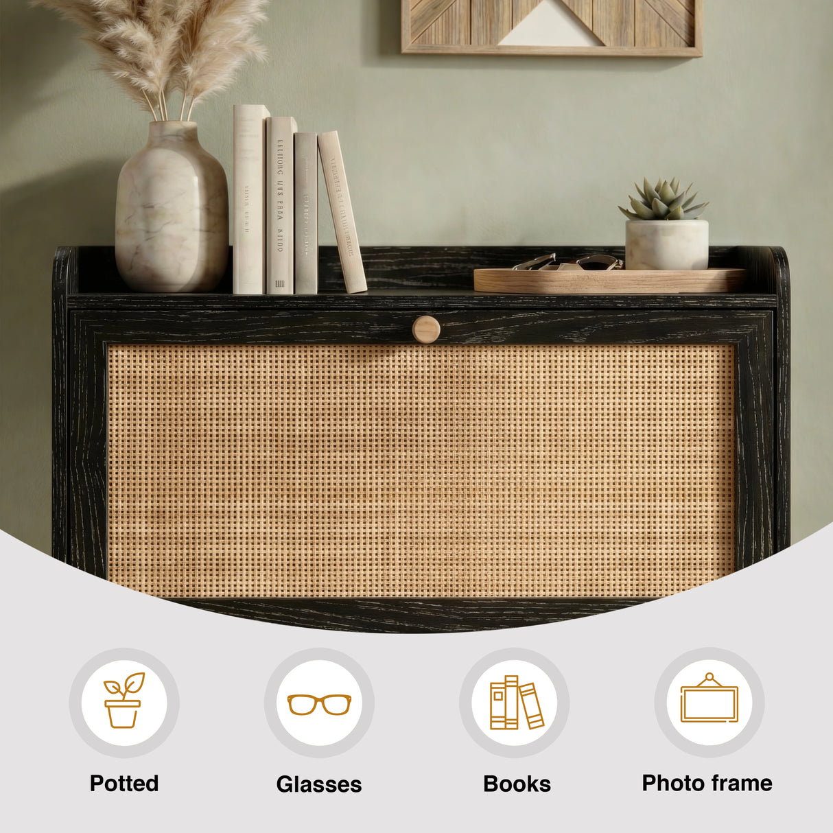 [Black] Wovena shoe cabinet top shelf close-up styled with books, sunglasses tray, and succulent, with icons showing compatible display items including photo frame