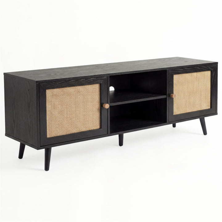 [Black] Three-quarter product shot of the Wovena rattan TV unit, two-door cabinet sides and centre opening