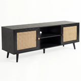 [Black] Three-quarter product shot of the Wovena rattan TV unit, two-door cabinet sides and centre opening