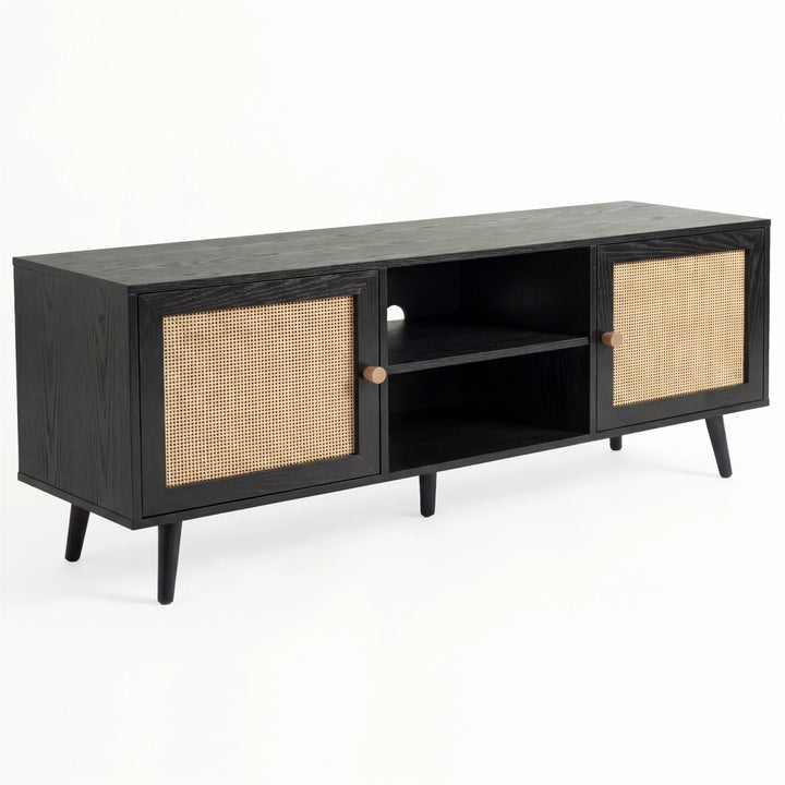 [Black] Three-quarter product shot of the Wovena rattan TV unit, two-door cabinet sides and centre opening