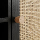 [Black] Wovena TV unit oak cone knob detail, pale wood handle set against natural rattan-mesh door panel weave