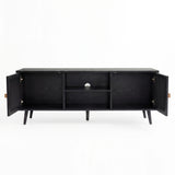 [Black] Open-doors view of Wovena 140cm TV unit, two end cabinets exposed and centre two-tier shelf in middle