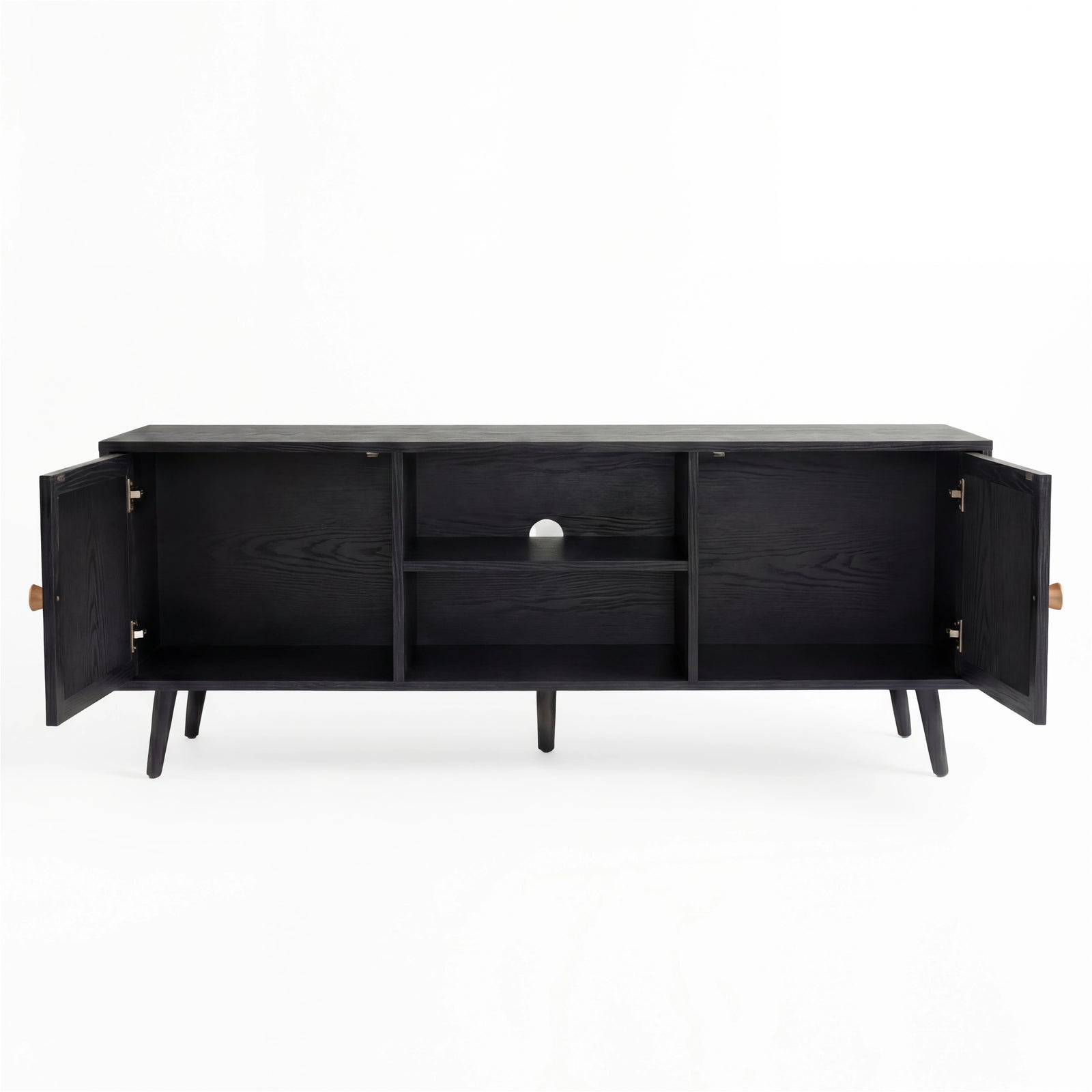 [Black] Open-doors view of Wovena 140cm TV unit, two end cabinets exposed and centre two-tier shelf in middle