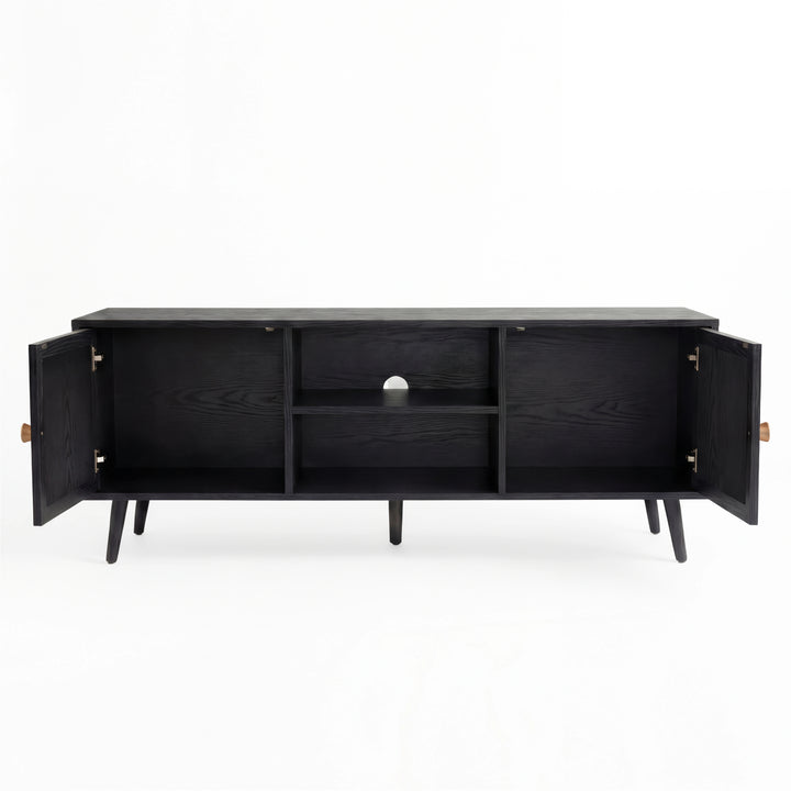 [Black] Open-doors view of Wovena 140cm TV unit, two end cabinets exposed and centre two-tier shelf in middle