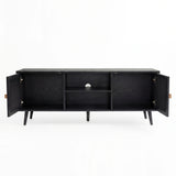 [Black] Open-doors view of Wovena 140cm TV unit, two end cabinets exposed and centre two-tier shelf in middle