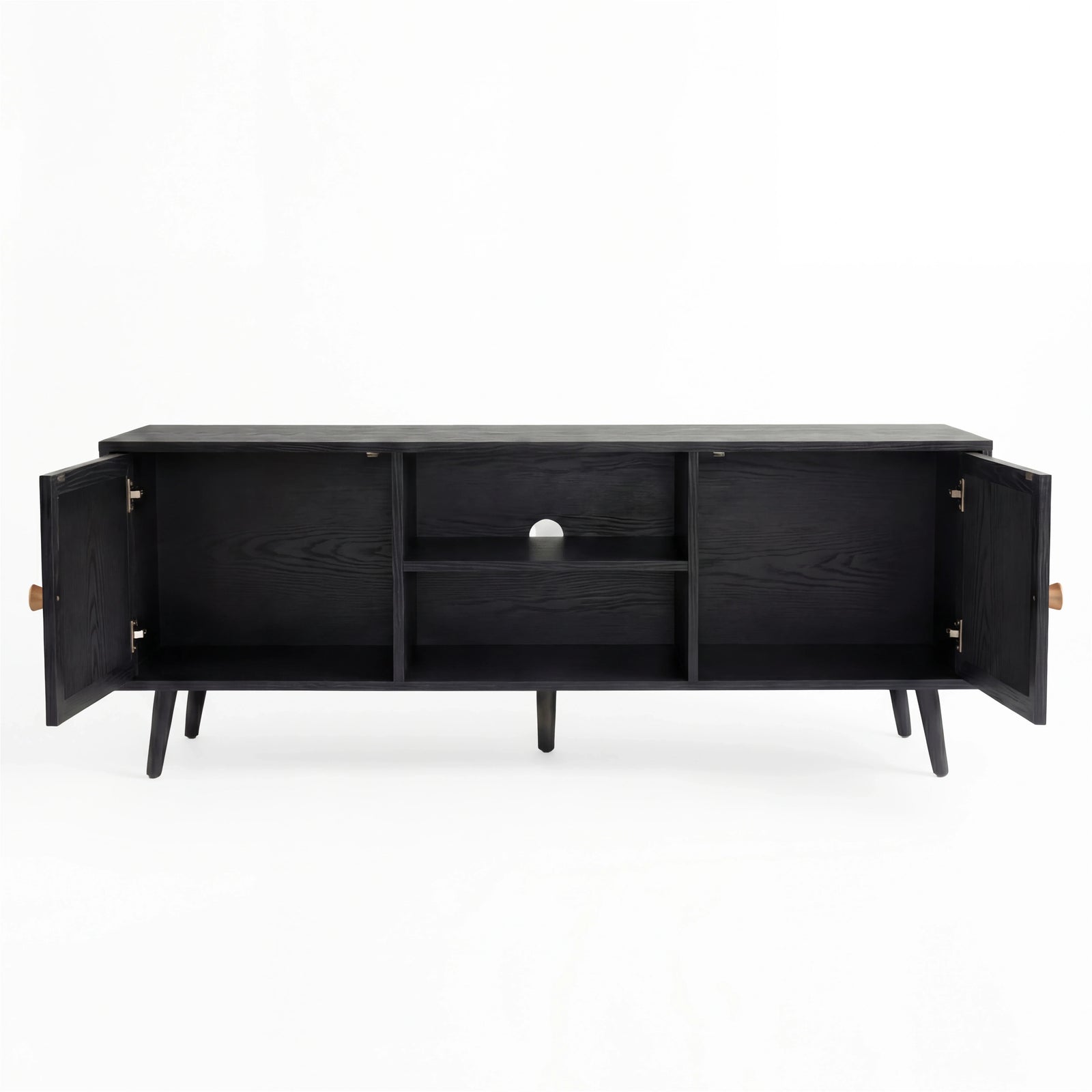 [Black] Open-doors view of Wovena 140cm TV unit, two end cabinets exposed and centre two-tier shelf in middle