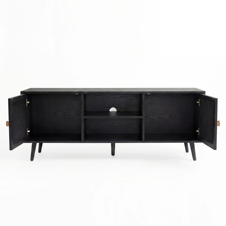 [Black] Open-doors view of Wovena 140cm TV unit, two end cabinets exposed and centre two-tier shelf in middle