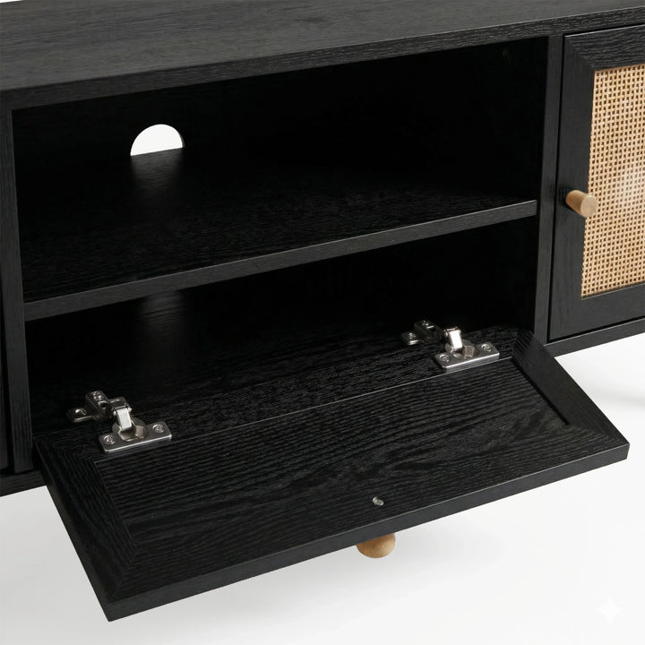 [Black] Close shot of Wovena rattan TV unit drop-down compartment, hinge hardware and back-panel cable routing hole