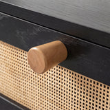 [Black] Close-up of Wovena rattan TV unit pull, light oak cylindrical knob screwed into the dark stained door rail